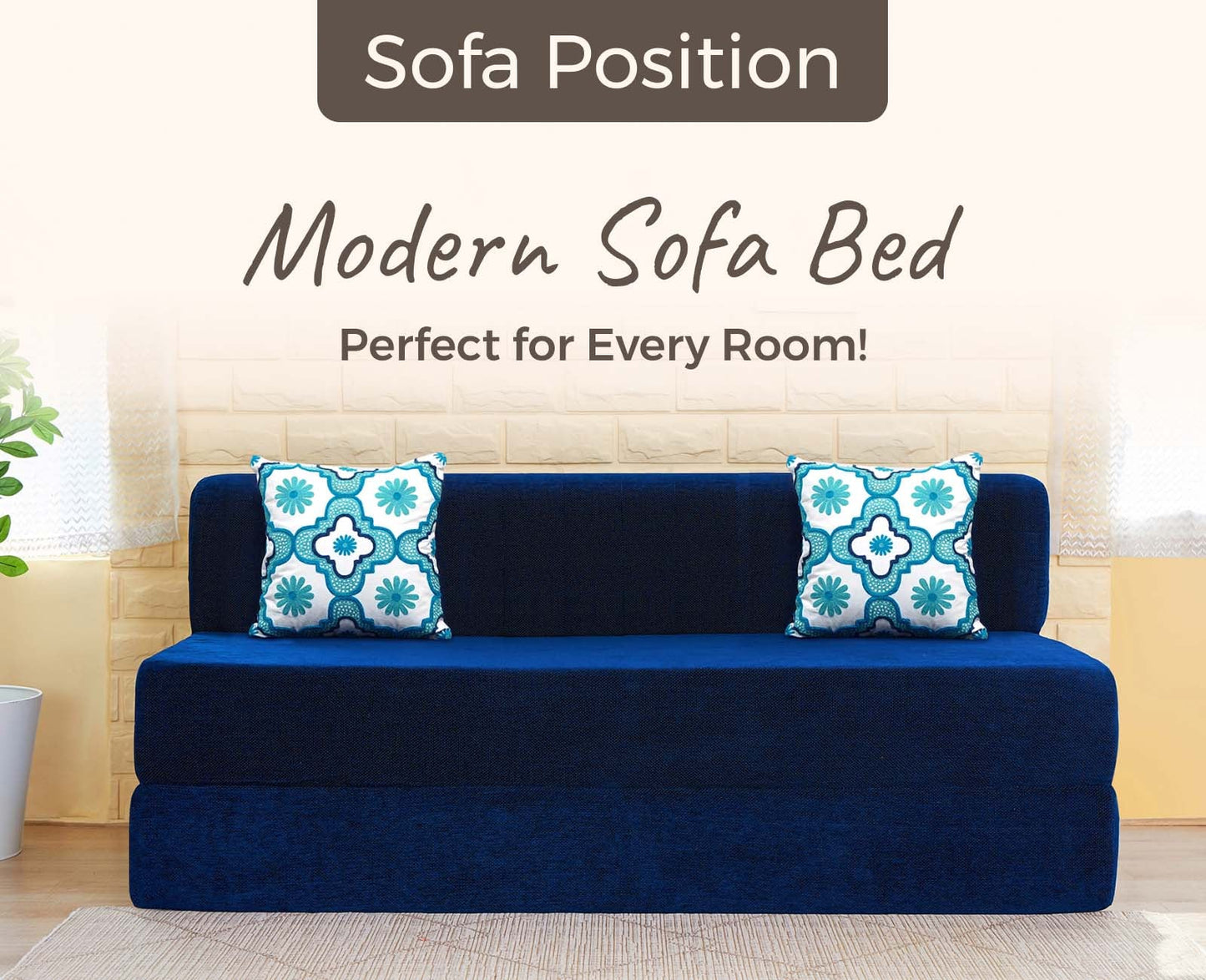 Chenille Sofa Bed, Dotted Blue | 5 x 6, Three Seater | 2 Blue Quartet Cushions
