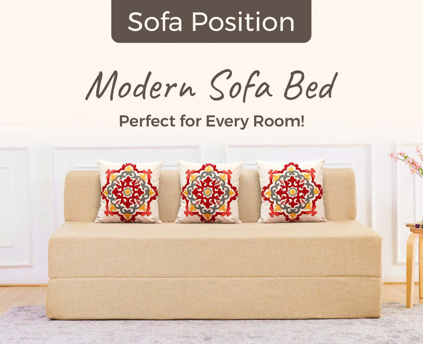 Jute Sofa Bed, Beige | 5 x 6, Three Seater | 3 Red Medallion Cushions