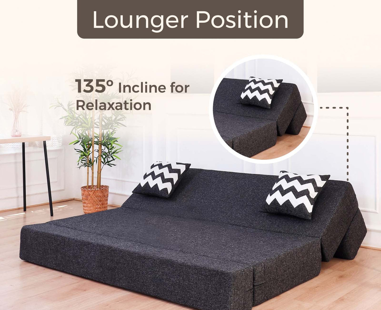 Jute Sofa Bed, Dark Grey | 5 x 6, Three Seater | 2 ZigZag Cushions