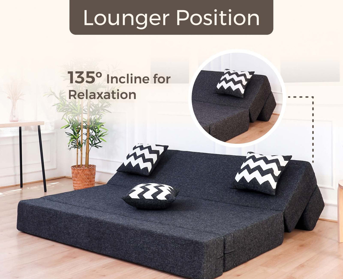Jute Sofa Bed, Dark Grey | 5 x 6, Three Seater | 3 ZigZag Cushions