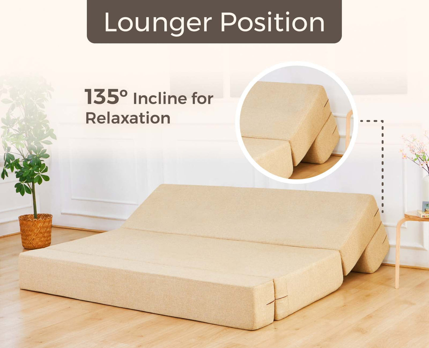 Jute Sofa Bed, Beige | 5 x 6, Three Seater | 3 Fallen Leaves Cushions
