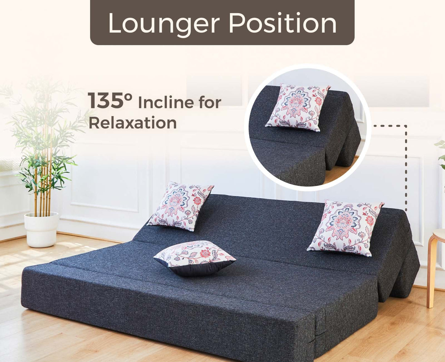 Jute Sofa Bed, Dark Grey | 5 x 6, Three Seater | 3 Pink Morphankh Cushions