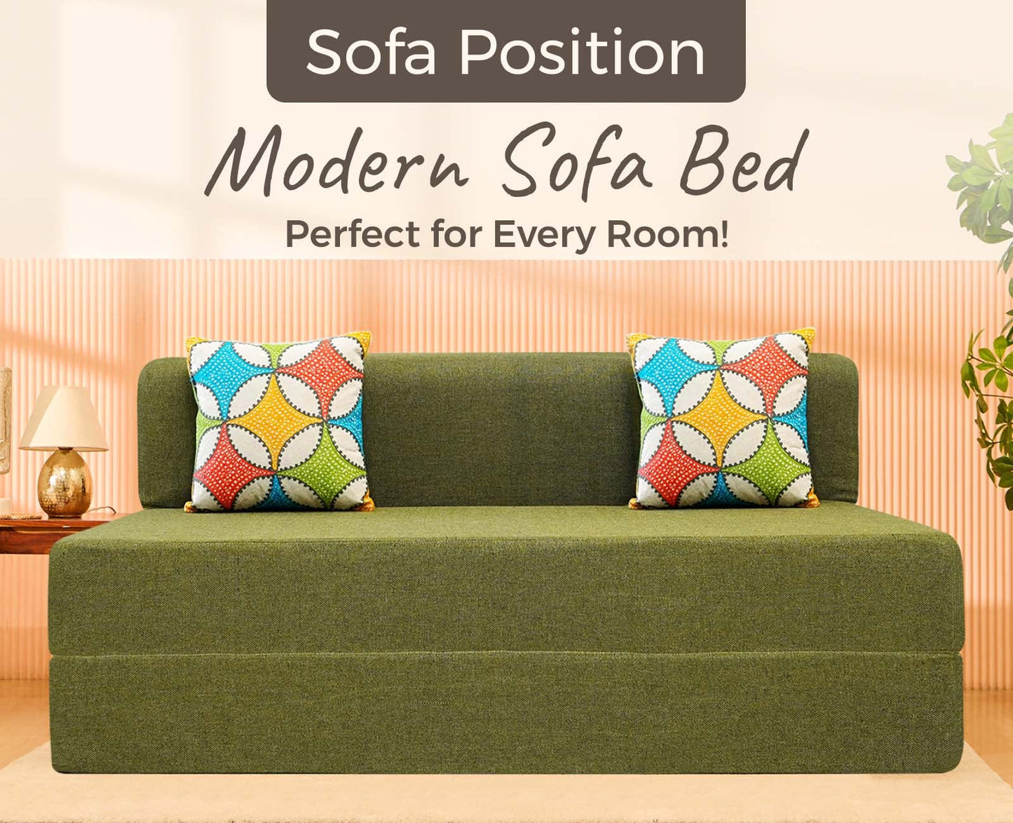 Jute Sofa Bed, Olive Green | 5 x 6, Three Seater | 2 Jharokha Cushion