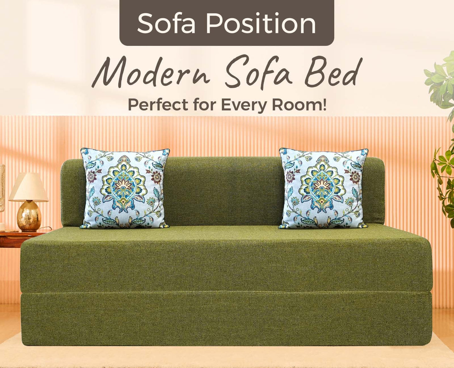 Jute Sofa Bed, Olive Green | 5 x 6, Three Seater | 2 Green Morpankhi Cushions