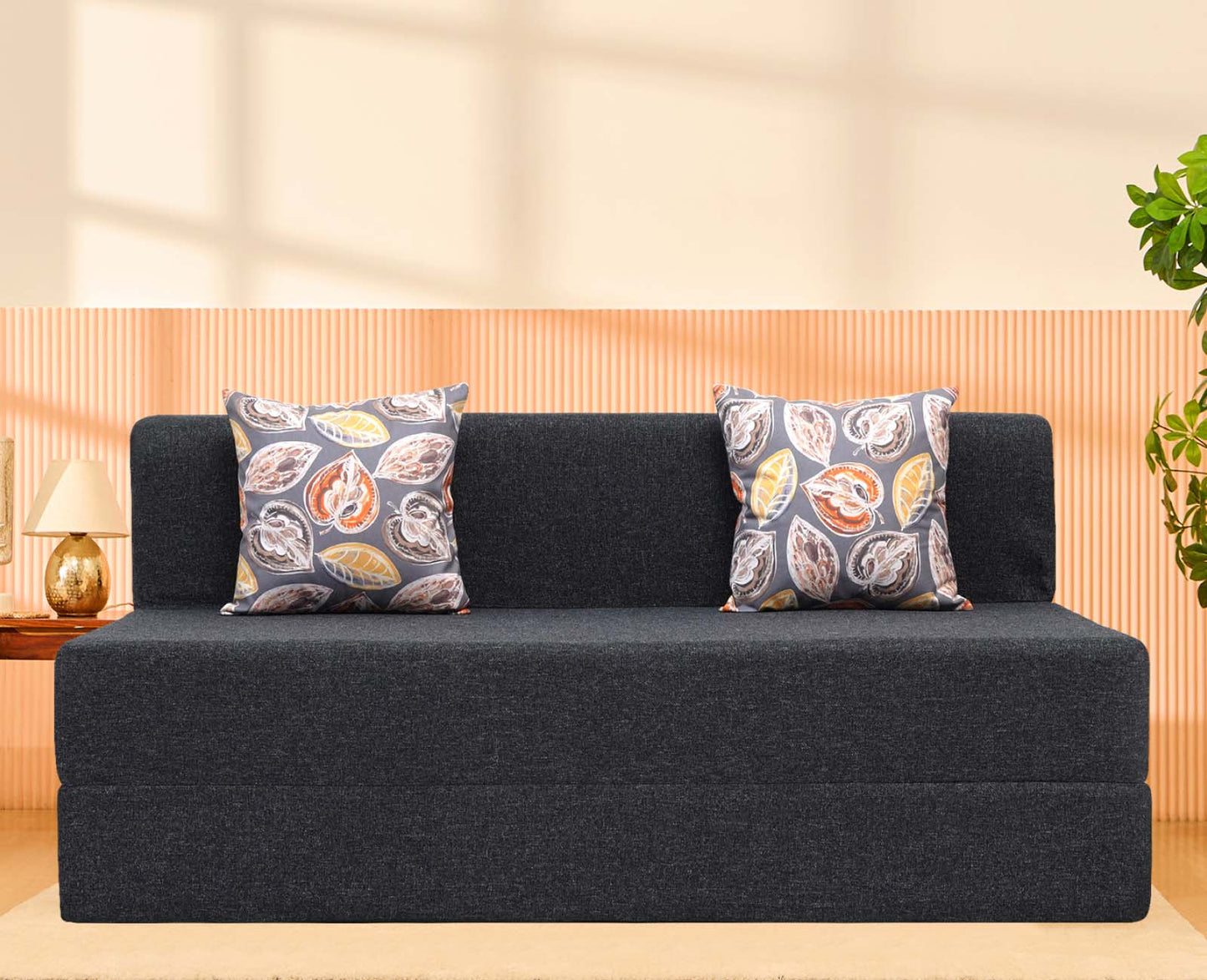 Jute Sofa Bed, Dark Grey | 5 x 6, Three Seater | 2 Fallen Leaves Cushions