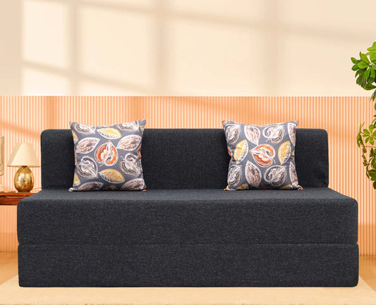 Jute Sofa Bed, Dark Grey | 5 x 6, Three Seater | 2 Fallen Leaves Cushions