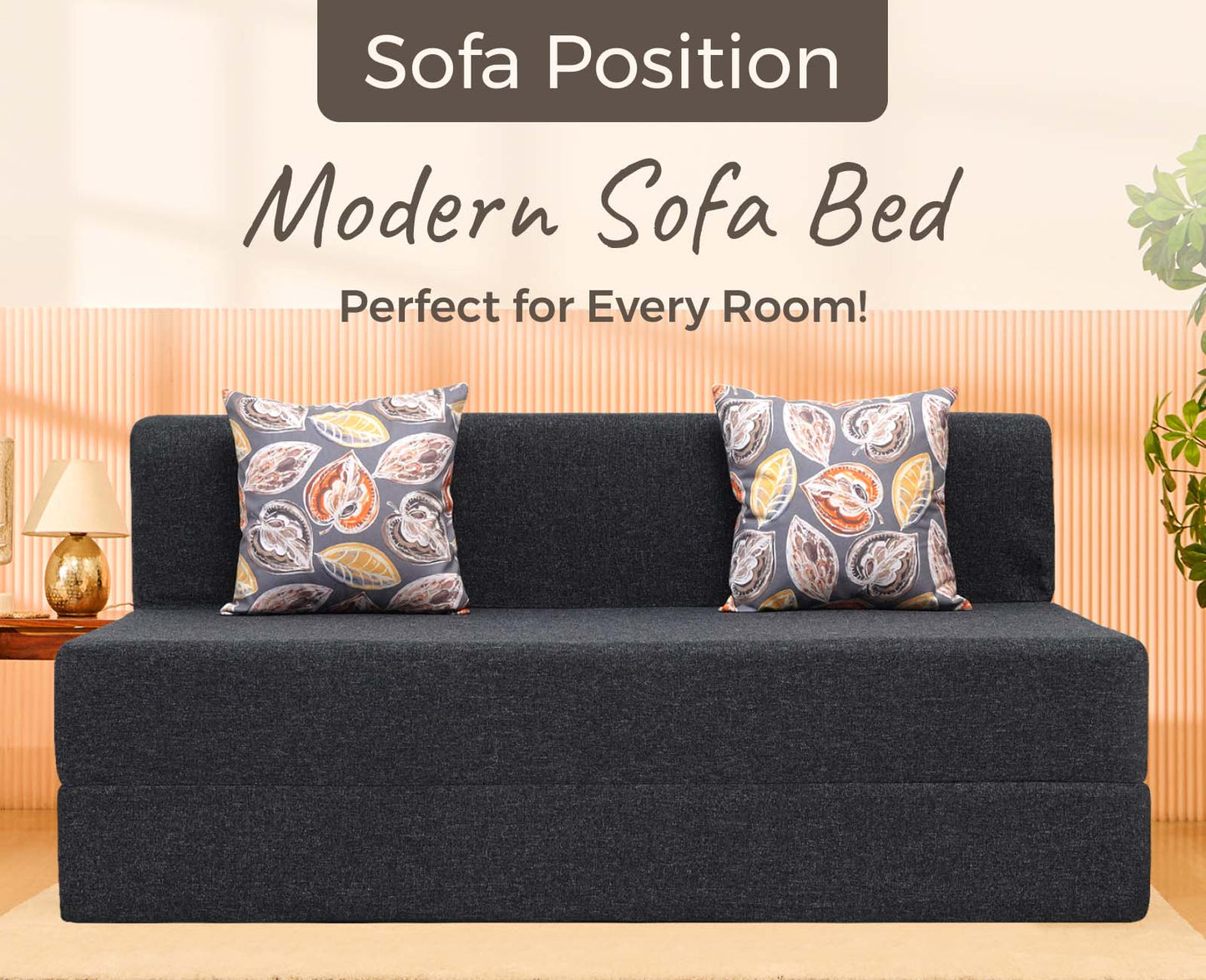 Jute Sofa Bed, Dark Grey | 5 x 6, Three Seater | 2 Fallen Leaves Cushions