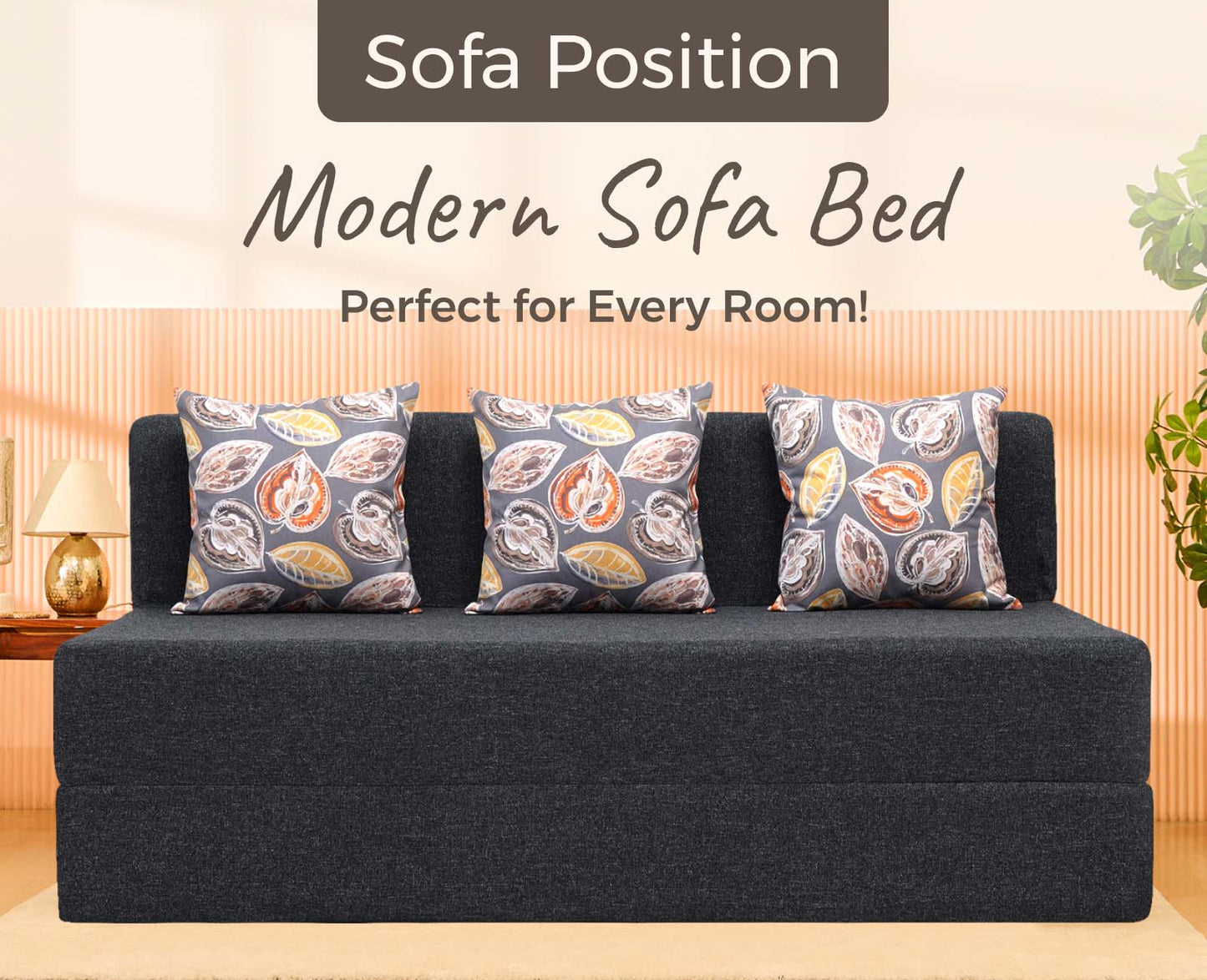 Jute Sofa Bed, Dark Grey | 5 x 6, Three Seater | 3 Fallen Leaves Cushions