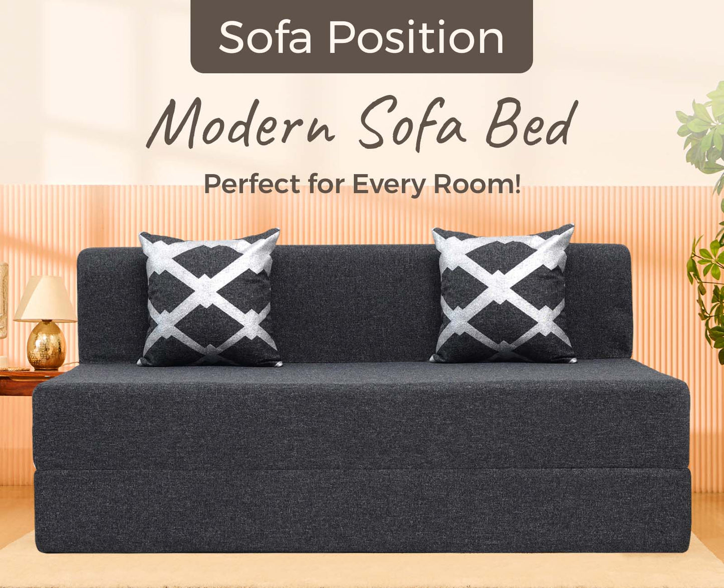 Jute Sofa Bed, Dark Grey | 5 x 6, Three Seater | 2 Silver Edge Cushions