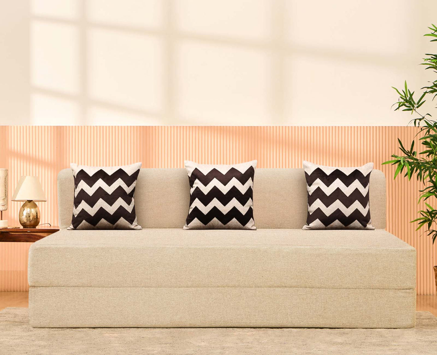 Jute Sofa Bed, Beige | 5 x 6, Three Seater | 3 Beige Zigzag Cushions
