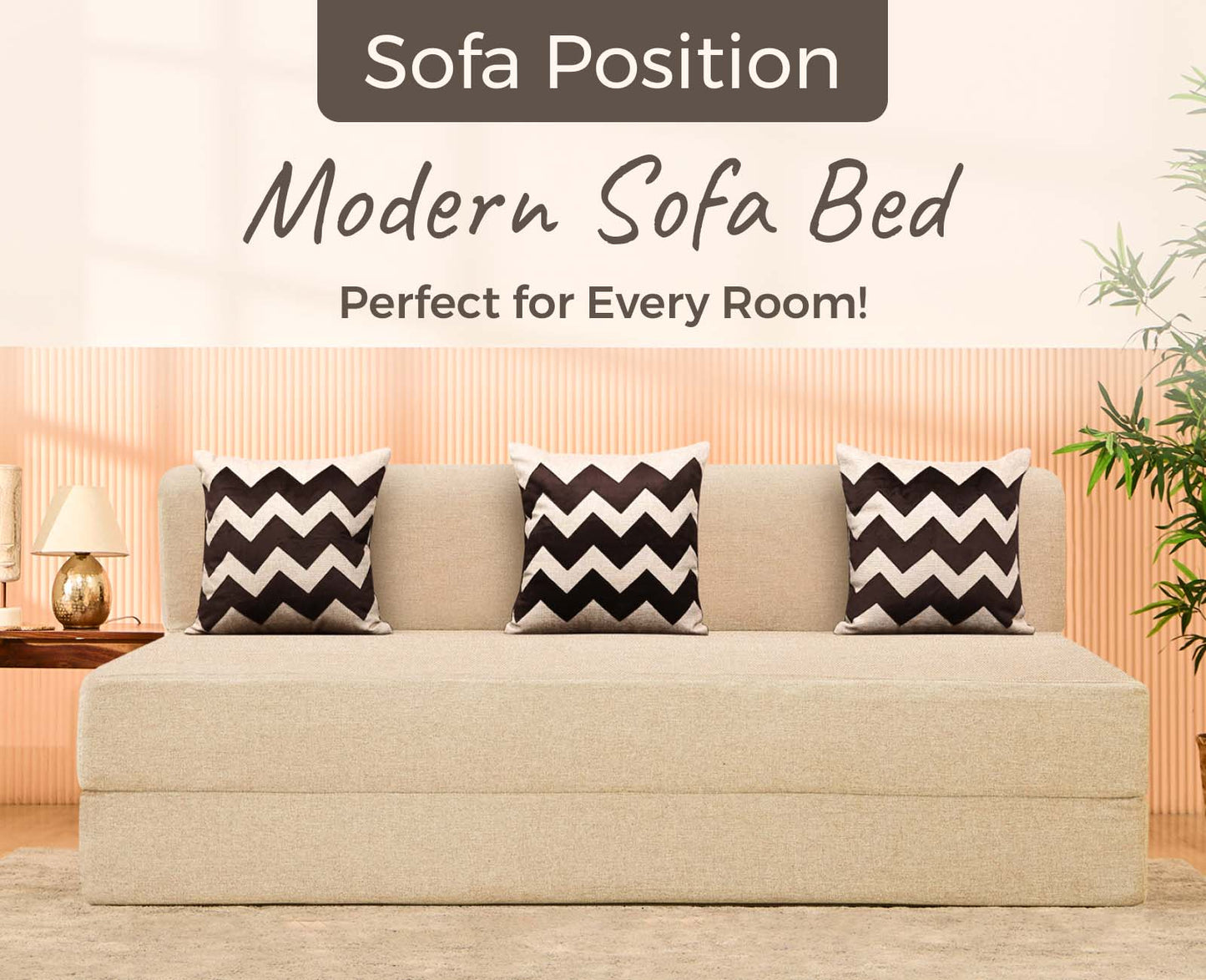 Jute Sofa Bed, Beige | 5 x 6, Three Seater | 3 Beige Zigzag Cushions