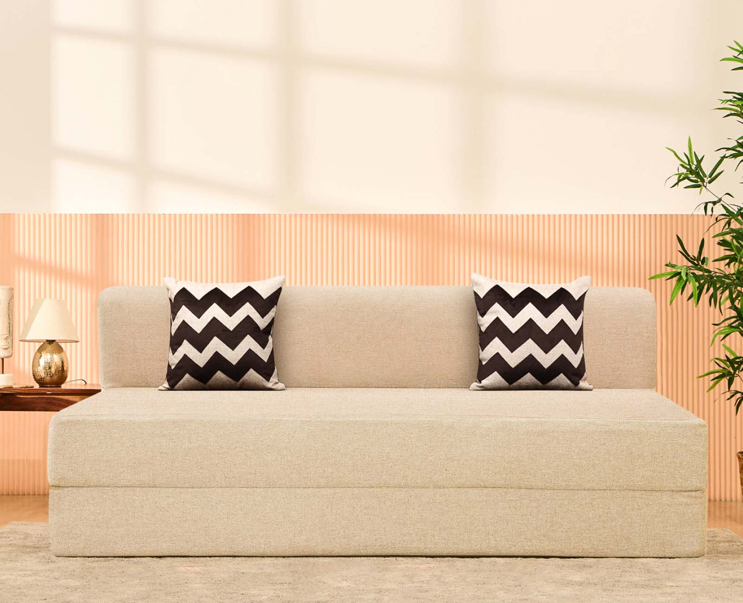 Jute Sofa Bed, Beige | 5 x 6, Three Seater | 2 Beige Zigzag Cushions