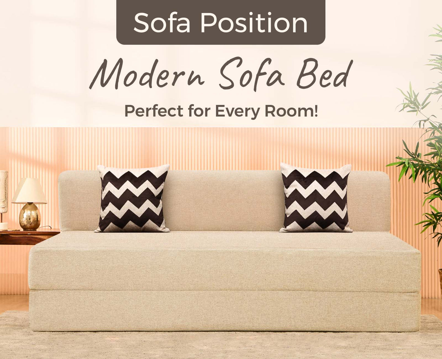 Jute Sofa Bed, Beige | 5 x 6, Three Seater | 2 Beige Zigzag Cushions