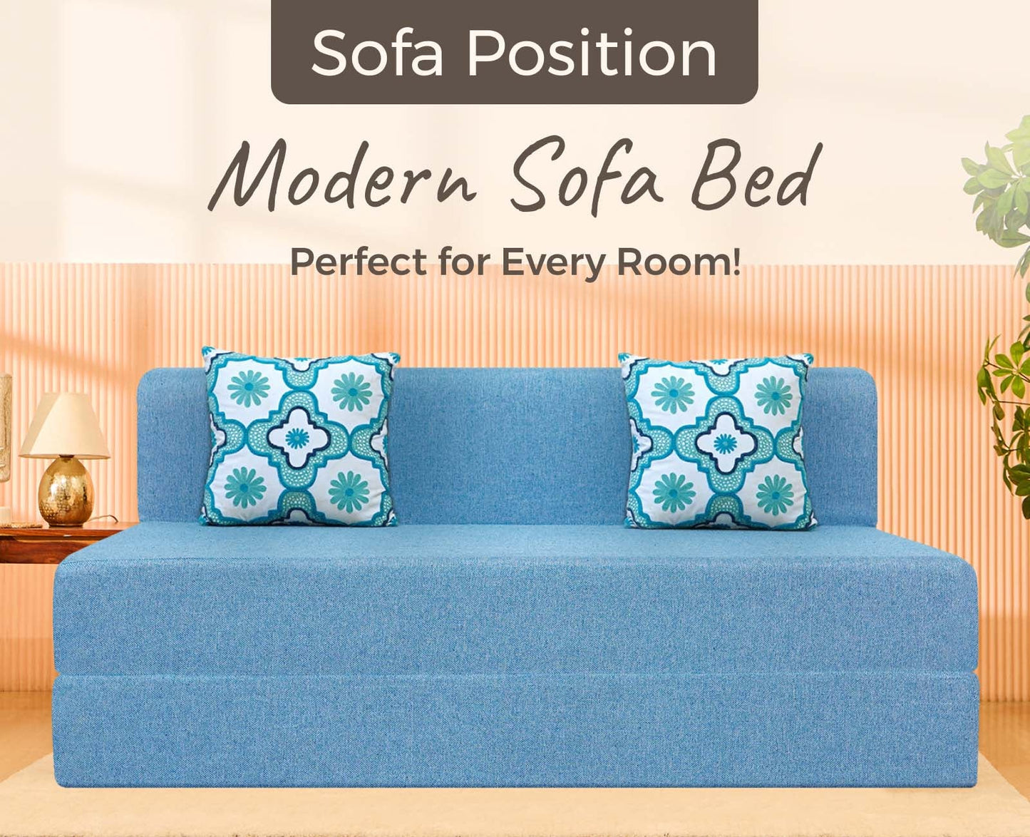Jute Sofa Bed, Aqua Blue | 5 x 6, Three Seater | 2 Blue Quartet Cushions