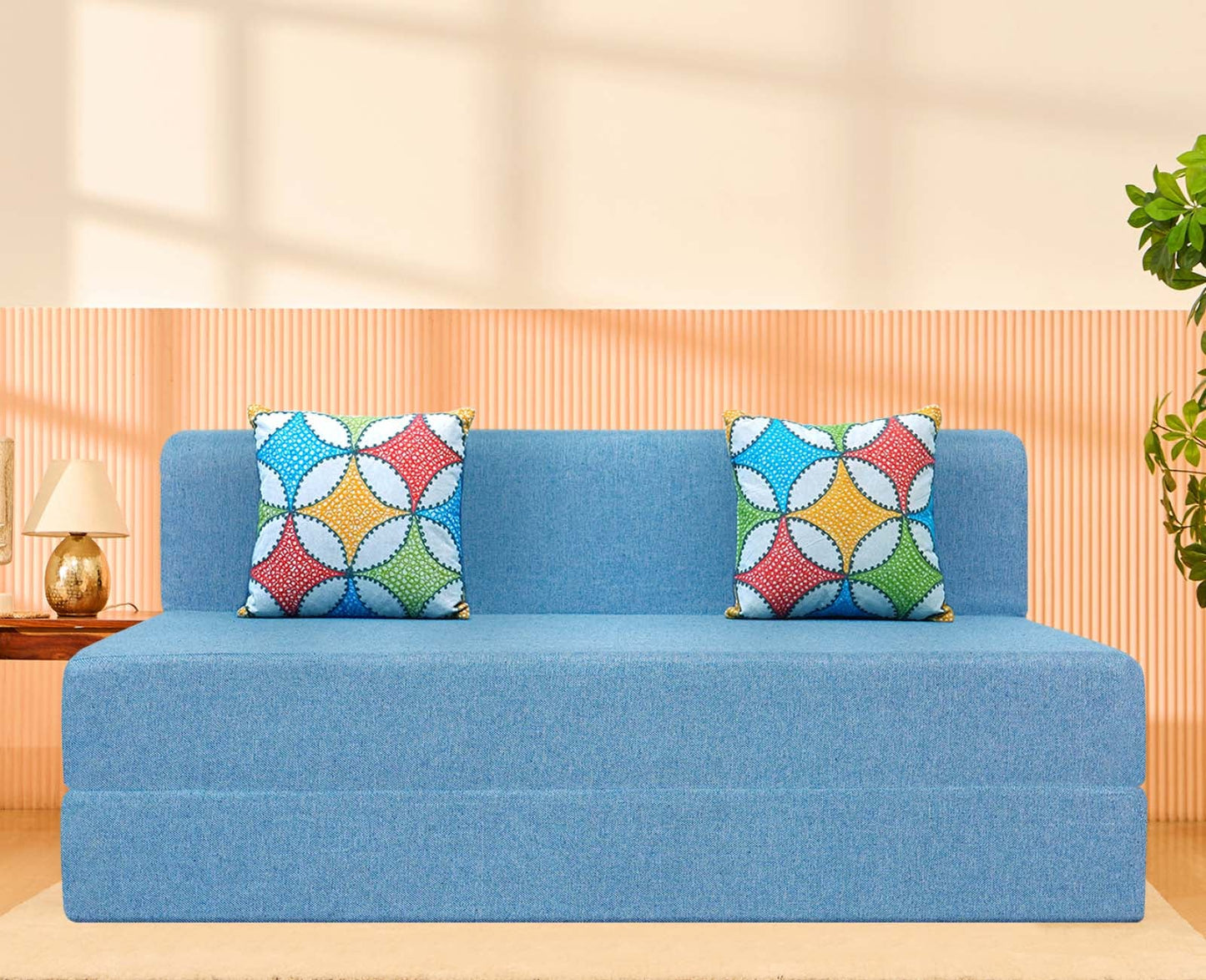 Jute Sofa Bed, Aqua Blue | 5 x 6, Three Seater | 2 Jharokha Cushion