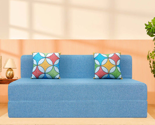 Jute Sofa Bed, Aqua Blue | 5 x 6, Three Seater | 2 Jharokha Cushion