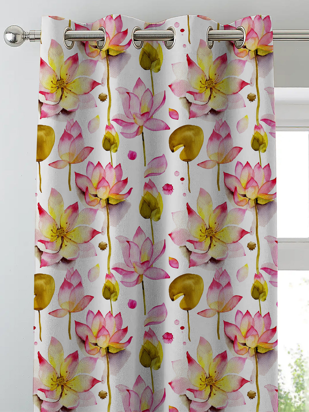 Lotus Dreams Floral Pink Heavy Satin Room Darkening Curtain Set Of 2 - DS 6 A