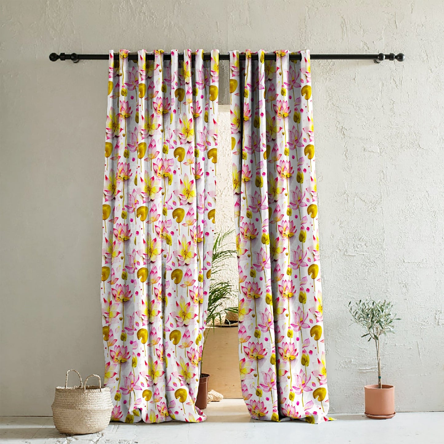 Lotus Dreams Floral Pink Heavy Satin Room Darkening Curtain Set Of 2 - DS 6 A