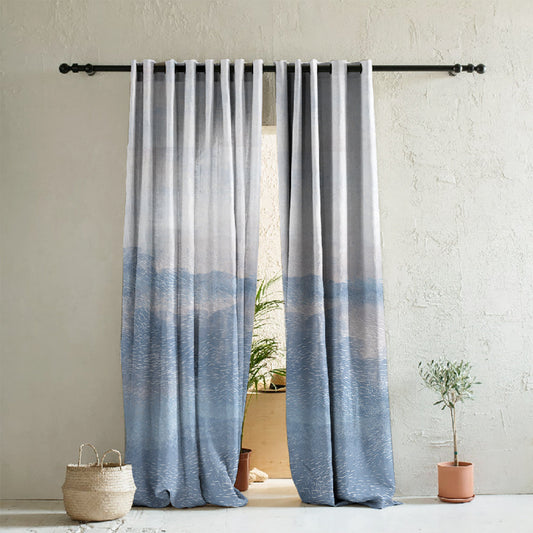 Coastal Calm Geometric Weldon Blue Heavy Satin Room Darkening Curtain Set of 2 - DS604