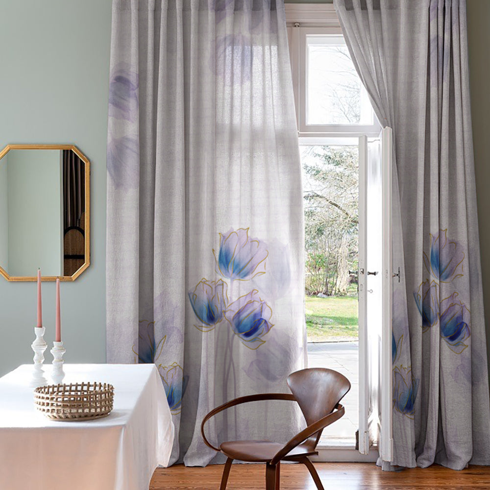 Morning Dew Floral Glossy Grape Purple Heavy Satin Room Darkening Curtain Set of 2 - DS605
