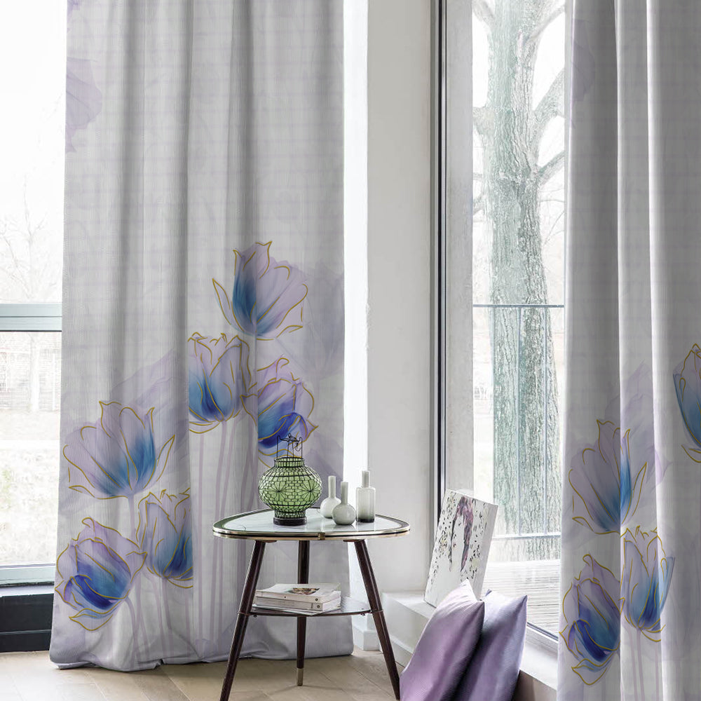 Morning Dew Floral Glossy Grape Purple Heavy Satin Room Darkening Curtain Set of 2 - DS605