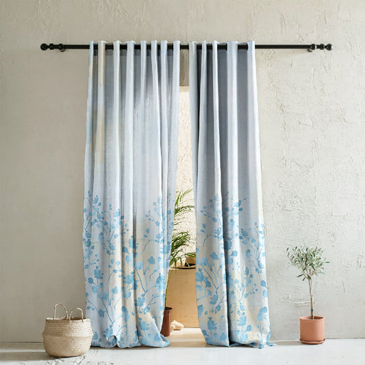 Misty Horizon Floral Columbia Blue Heavy Satin Room Darkening Curtain Set of 2 - DS611