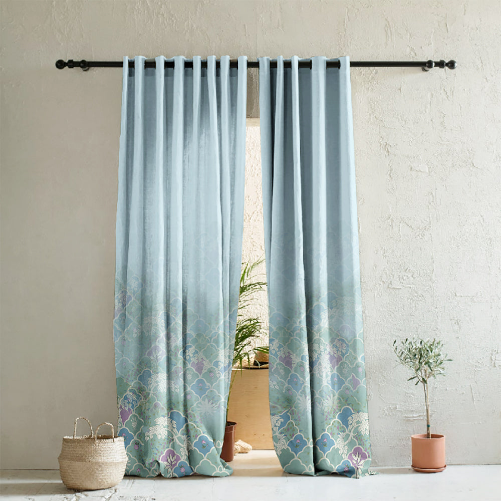 Icy Petals Indie Pastel Blue Heavy Satin Room Darkening Curtain Set of 2 - DS612