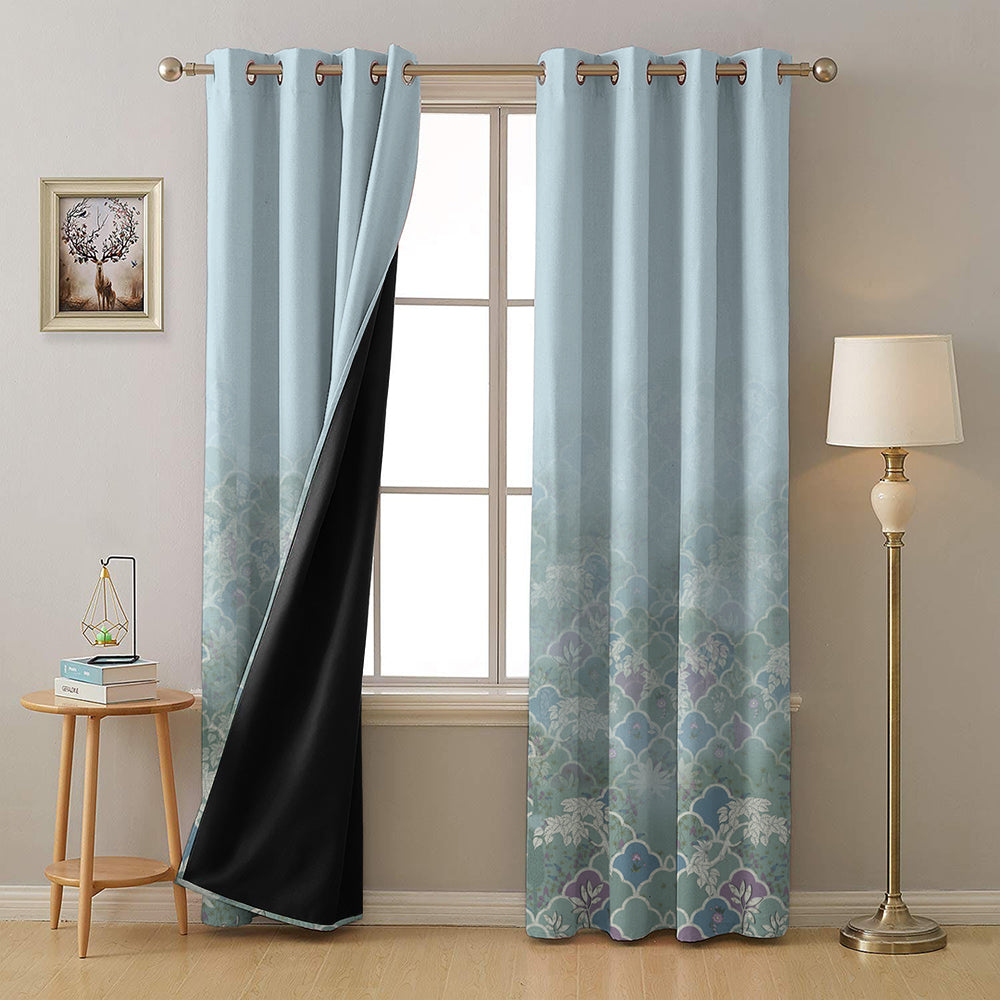 Icy Petals Indie Pastel Blue Heavy Satin Room Darkening Curtain Set of 2 - DS612