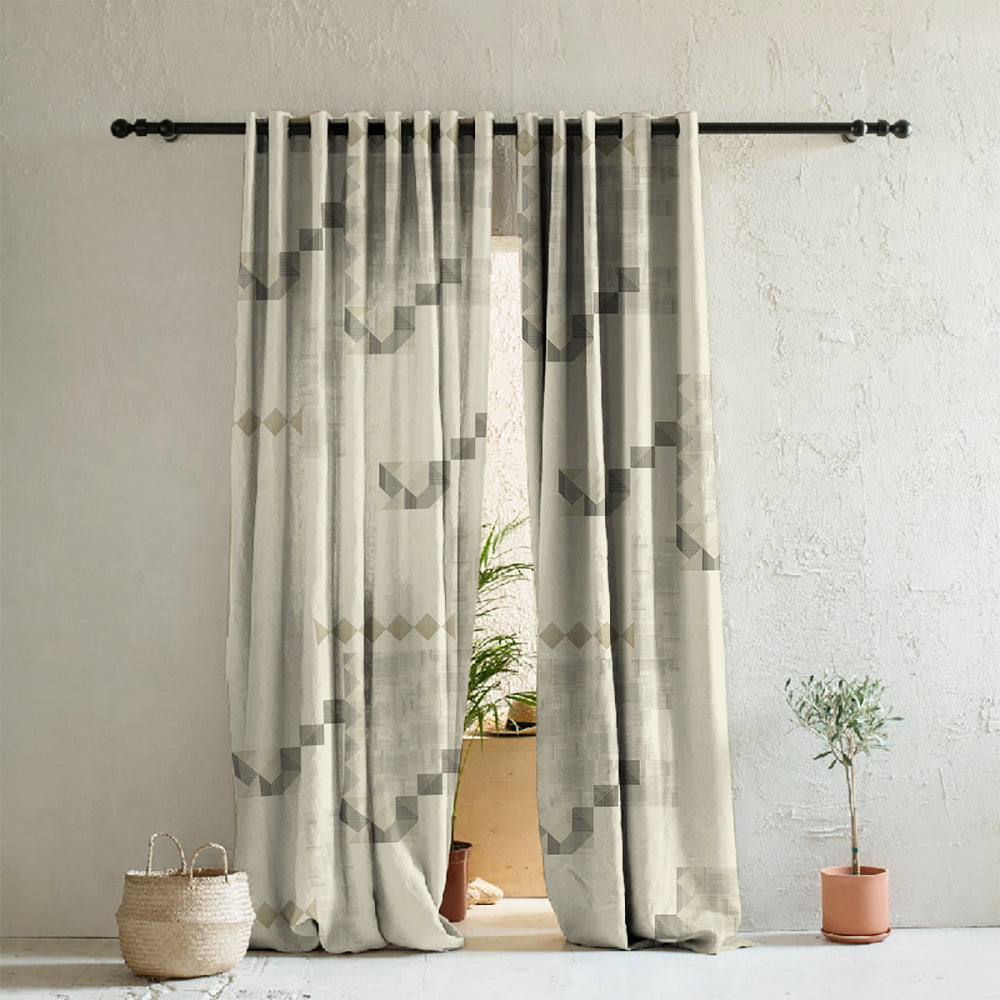 Ivory Maze Geometric Eggshell Beige Heavy Satin Room Darkening Curtain Set of 2 - DS613