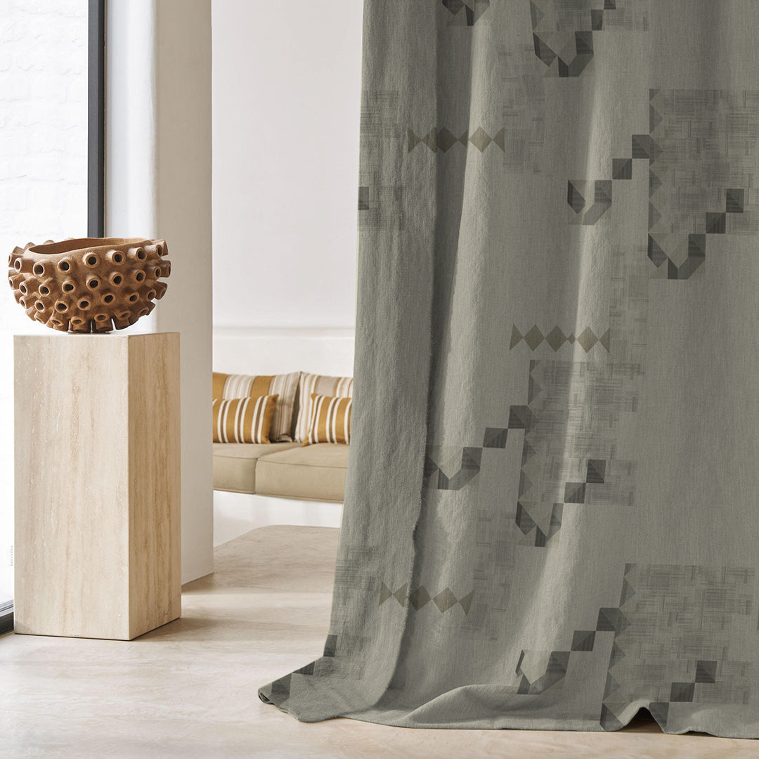 Ivory Maze Geometric Eggshell Beige Heavy Satin Room Darkening Curtain Set of 2 - DS613