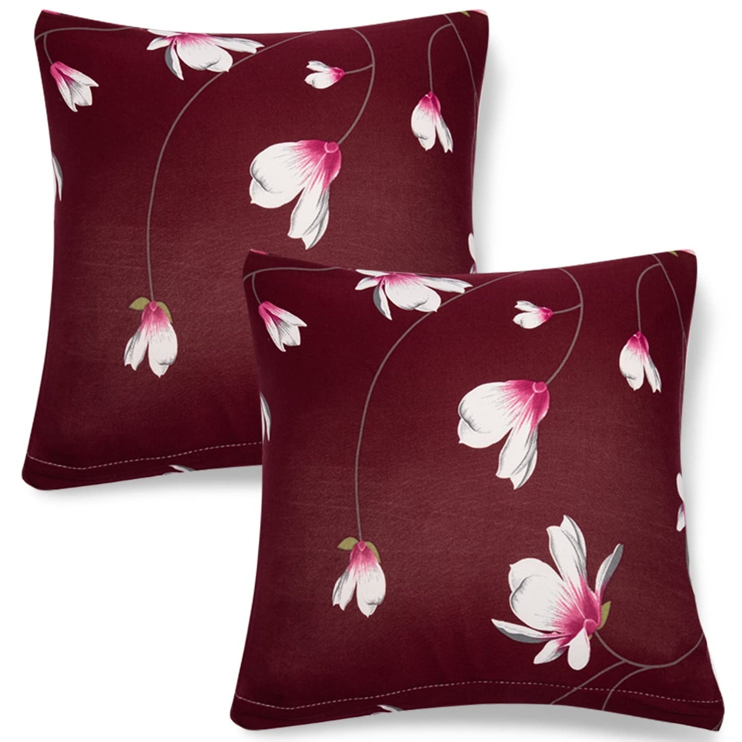 Stretchable Pack of 2 Cushion Cover 16x16, Wine Red Flowers
