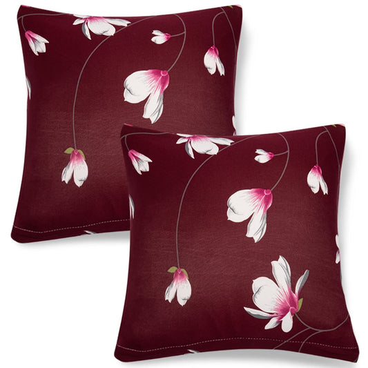 Stretchable Pack of 2 Cushion Cover 16x16, Wine Red Flowers