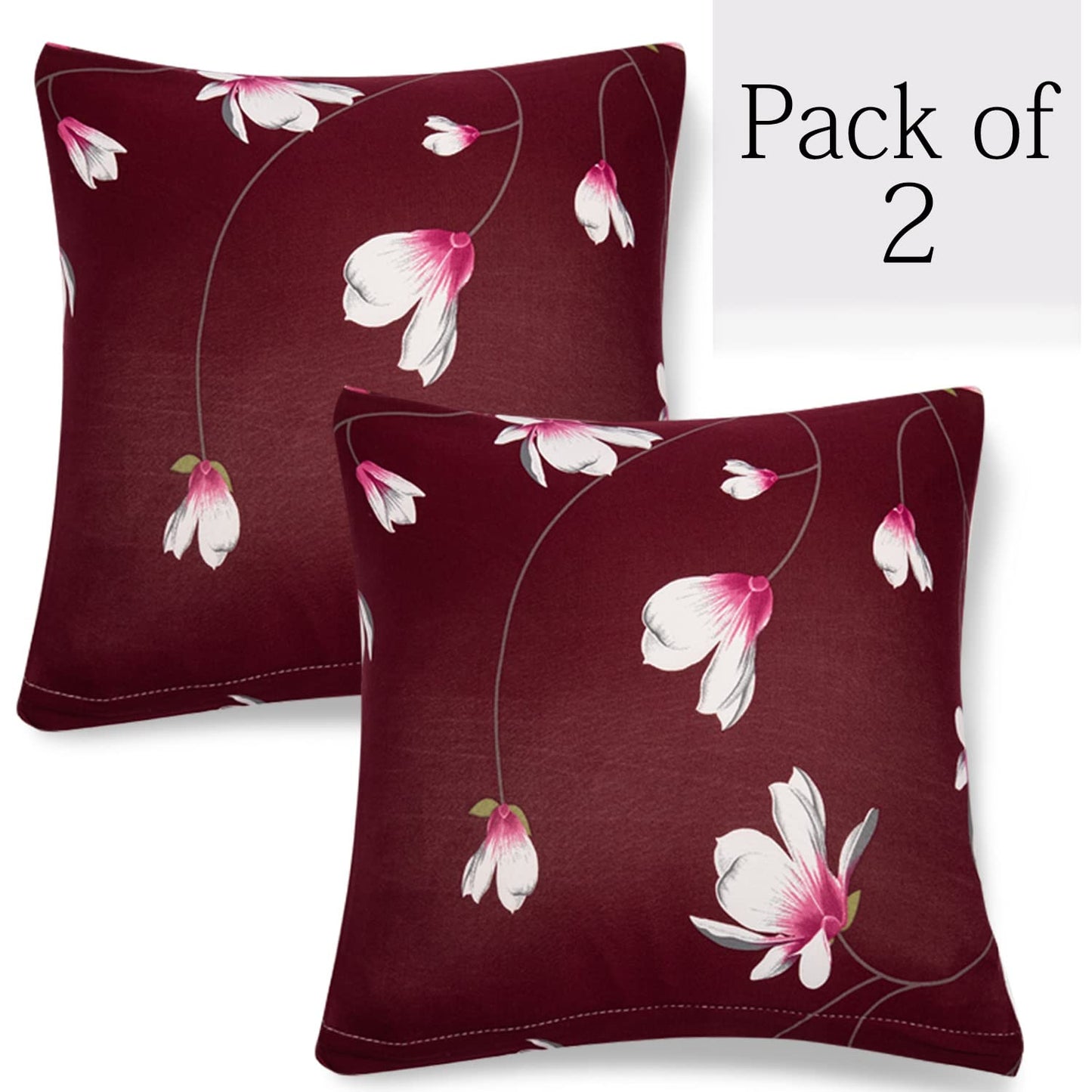Stretchable Pack of 2 Cushion Cover 16x16, Wine Red Flowers