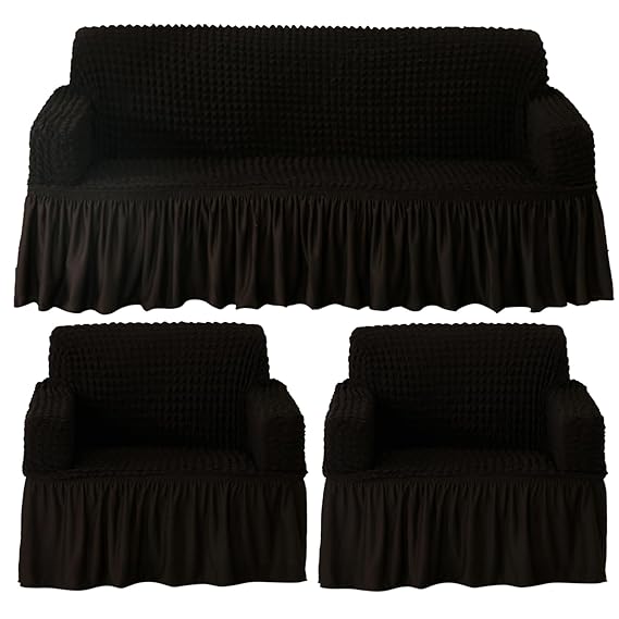 Elastic Stretchable Turkish 280 GSM Bubble Sofa Cover with Frill, Dark Chocolate