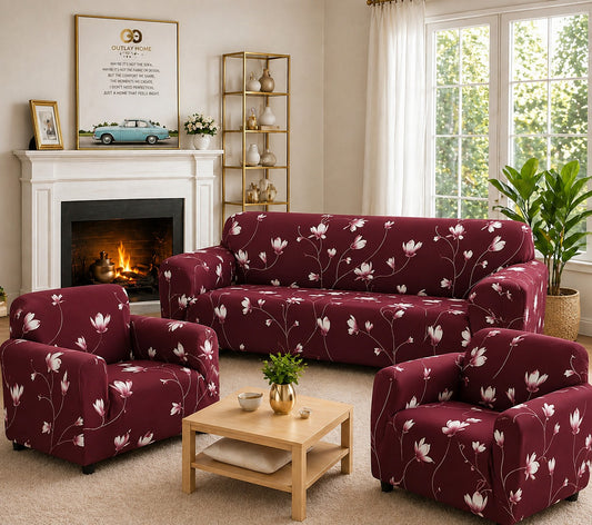 3+1+1 MAROON FLOWER SOFA COVER ELASTIC STRETCHABLE 48 HOURS OFFER