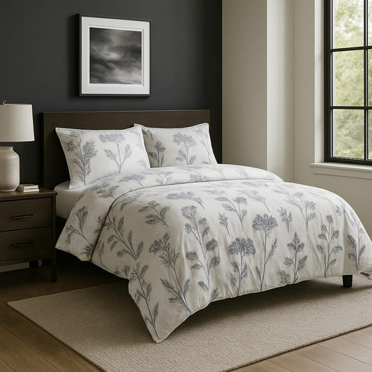 Off-White Elegant Botanical Print / Pure Cotton King Size Bedsheet - Super Furnishing
