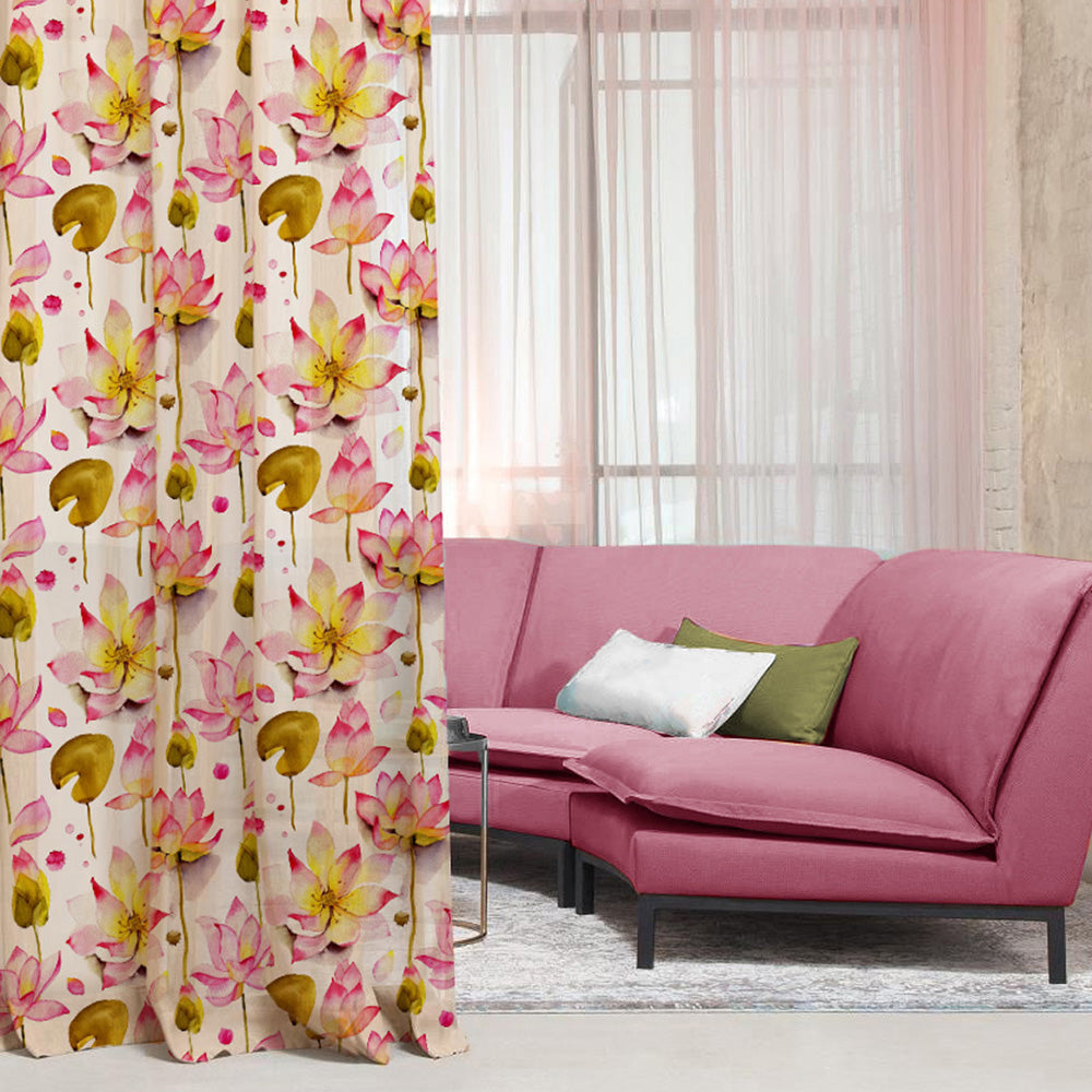 Lotus Dreams Floral Pink Heavy Satin Room Darkening Curtain Set Of 2 - DS 6 A