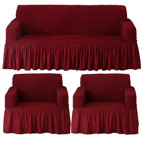 Elastic Stretchable 280 GSM Bubble Sofa Cover with Frill, Cherry Red