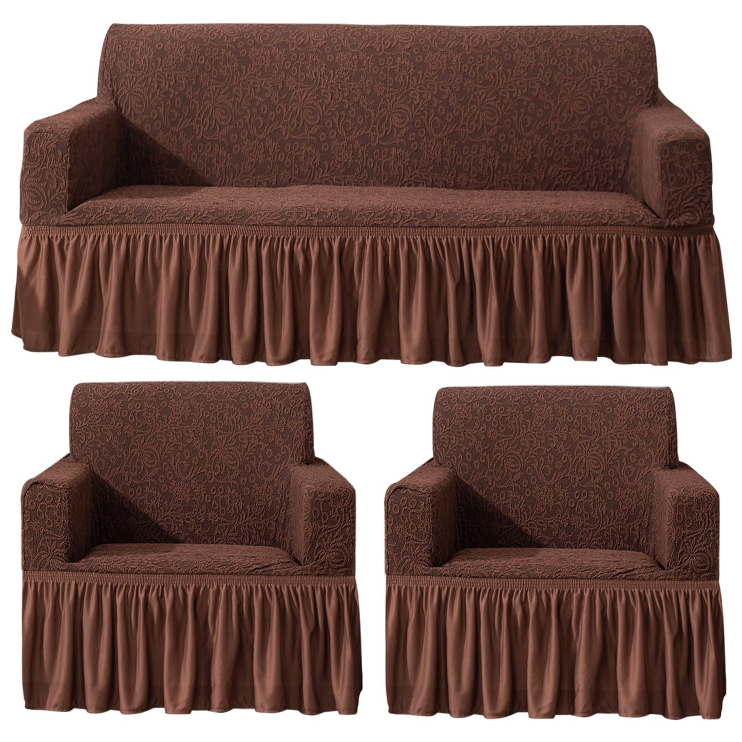 Elastic Stretchable Designer Woven Jacquard Sofa Cover with Frill , Pecan Brown