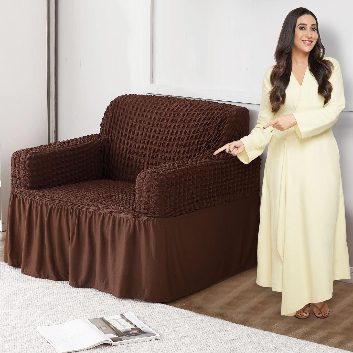 Elastic Stretchable 280 GSM Bubble Sofa Cover with Frill, Dark Brown