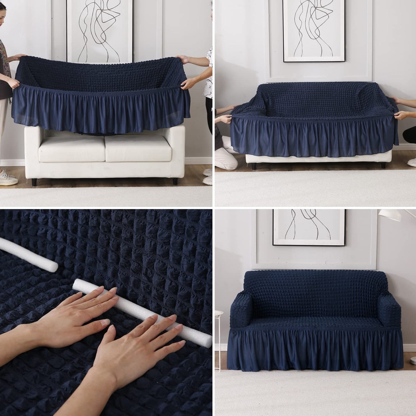Elastic Stretchable 280 GSM Bubble Sofa Cover with Frill, Navy Blue