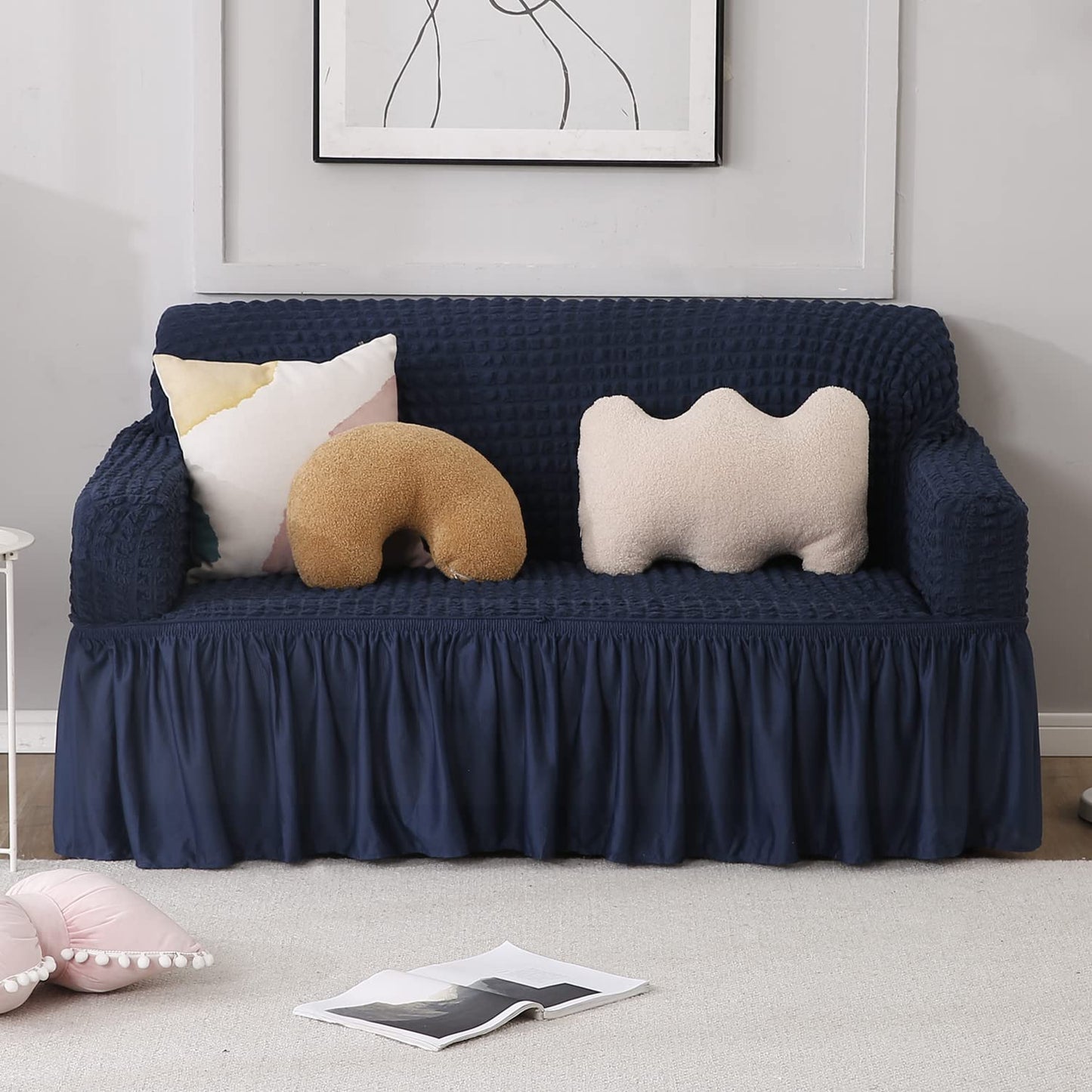 Elastic Stretchable 280 GSM Bubble Sofa Cover with Frill, Navy Blue