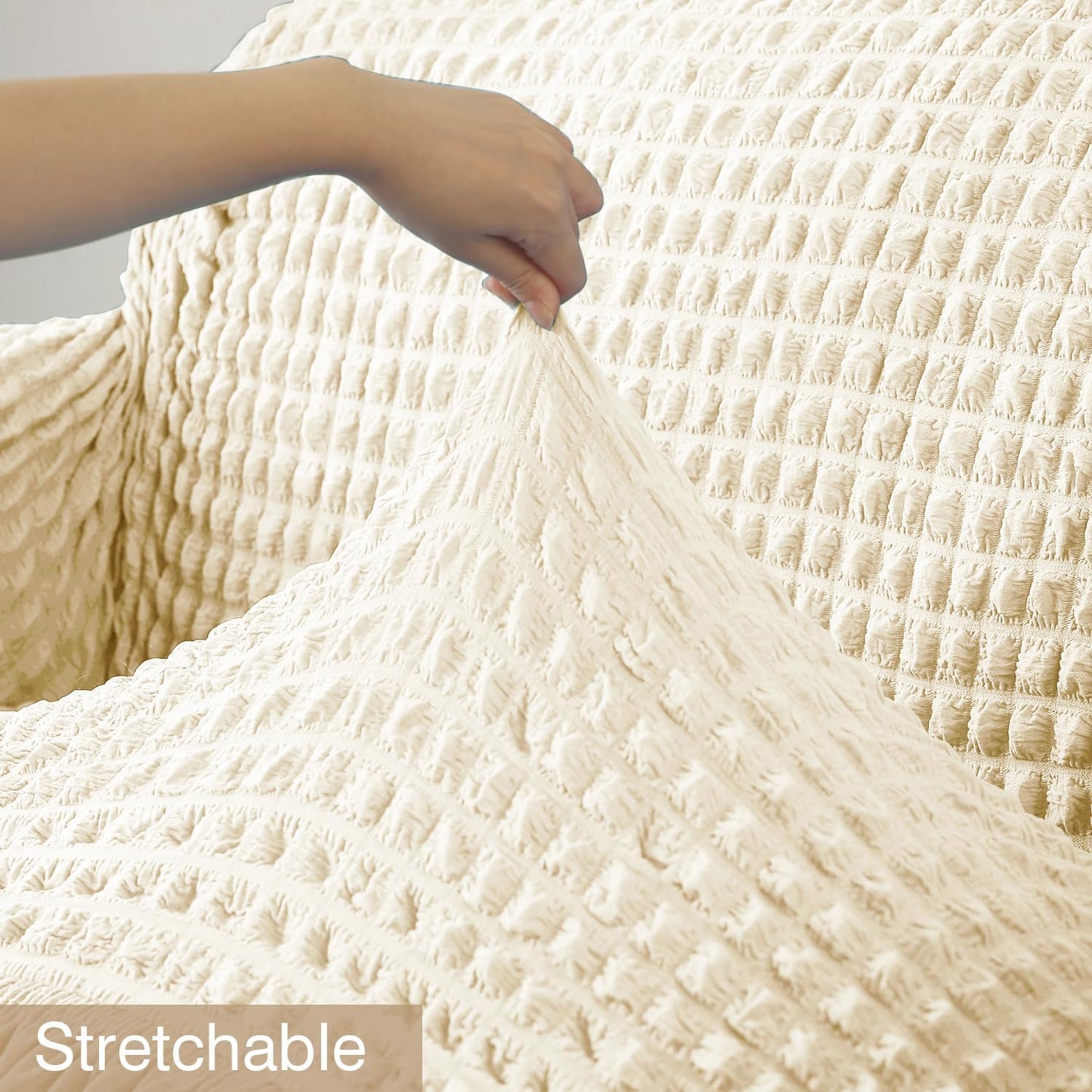Elastic Stretchable Bubble Sofa Cover with Frill, Cream