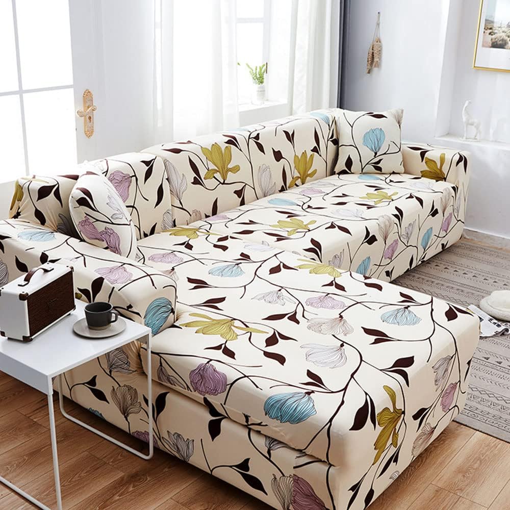 L Shape Sofa Cover- Flower Beige - Luxury Quality Strechable & Dust-proof Sofa Cover