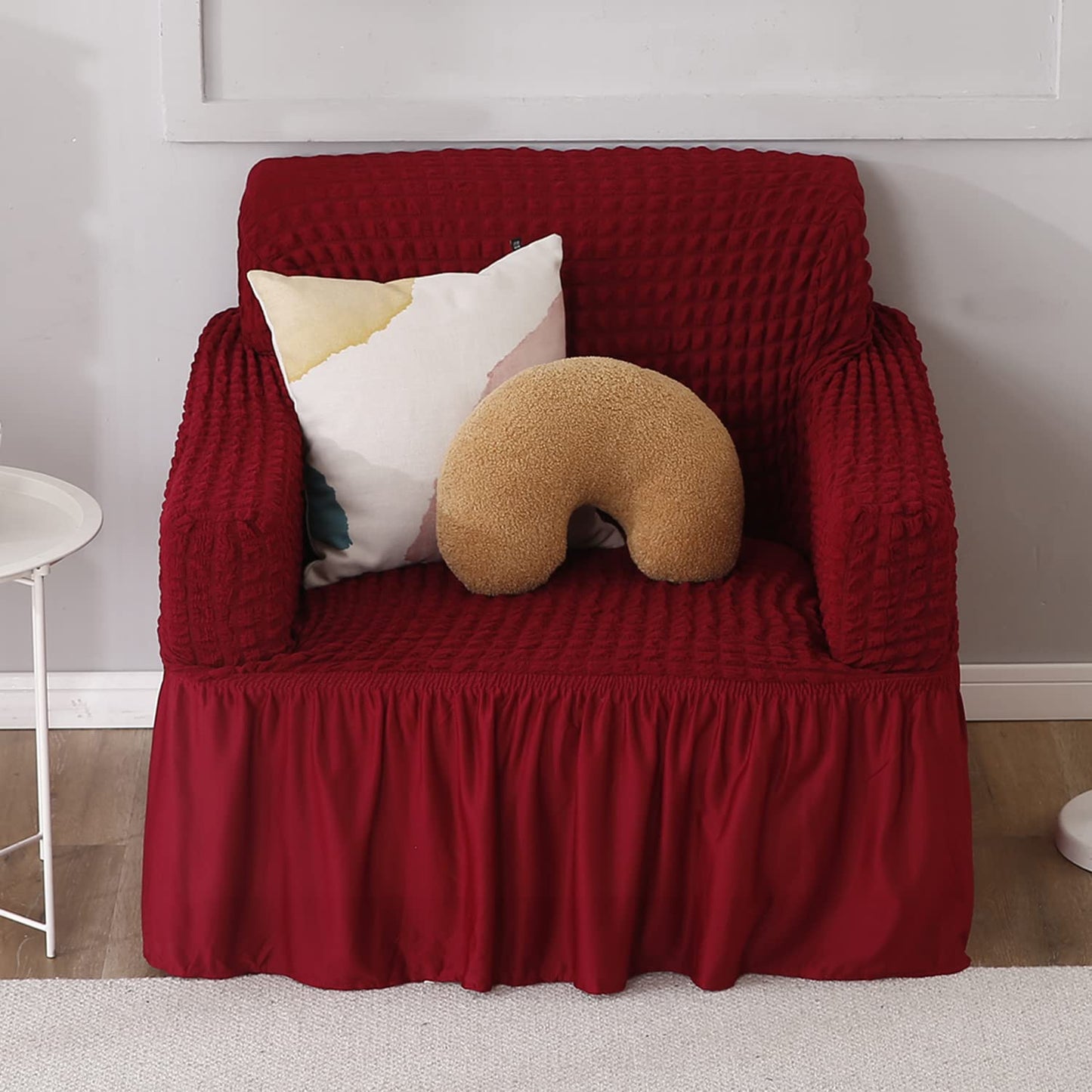 Elastic Stretchable 280 GSM Bubble Sofa Cover with Frill, Cherry Red