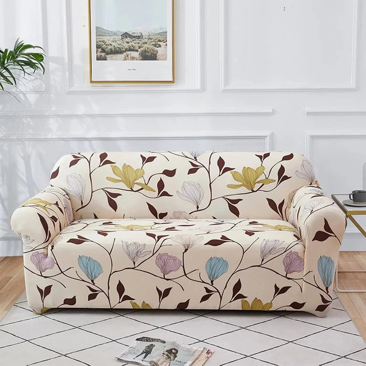 3+1+1 Sofa Cover-Flooral Beige- Luxury Quality Strechable & Dust-proof Sofa Cover 48HOURS