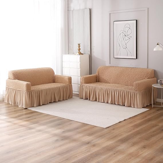 Elastic Stretchable 280 GSM Bubble Sofa Cover with Frill, Beige