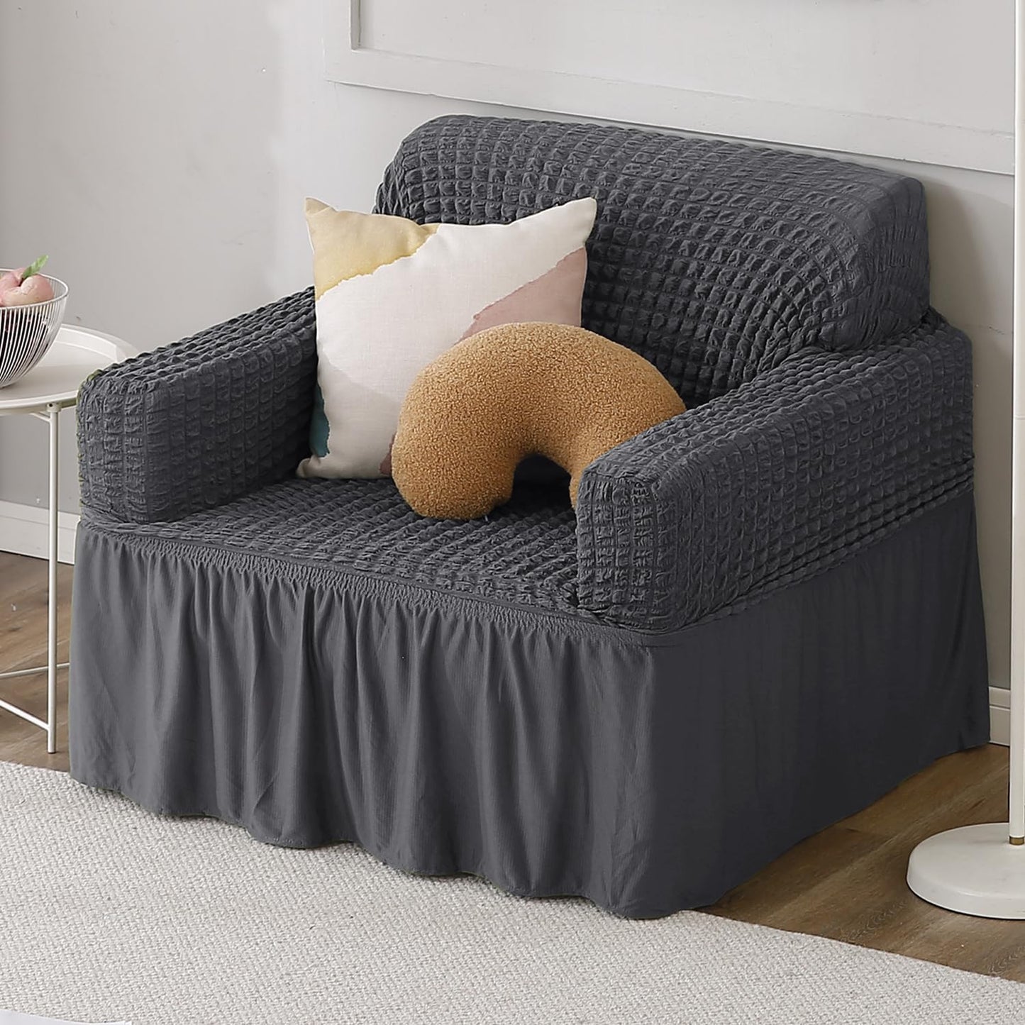 Elastic Stretchable Bubble Sofa Cover with Frill, Anchor Grey