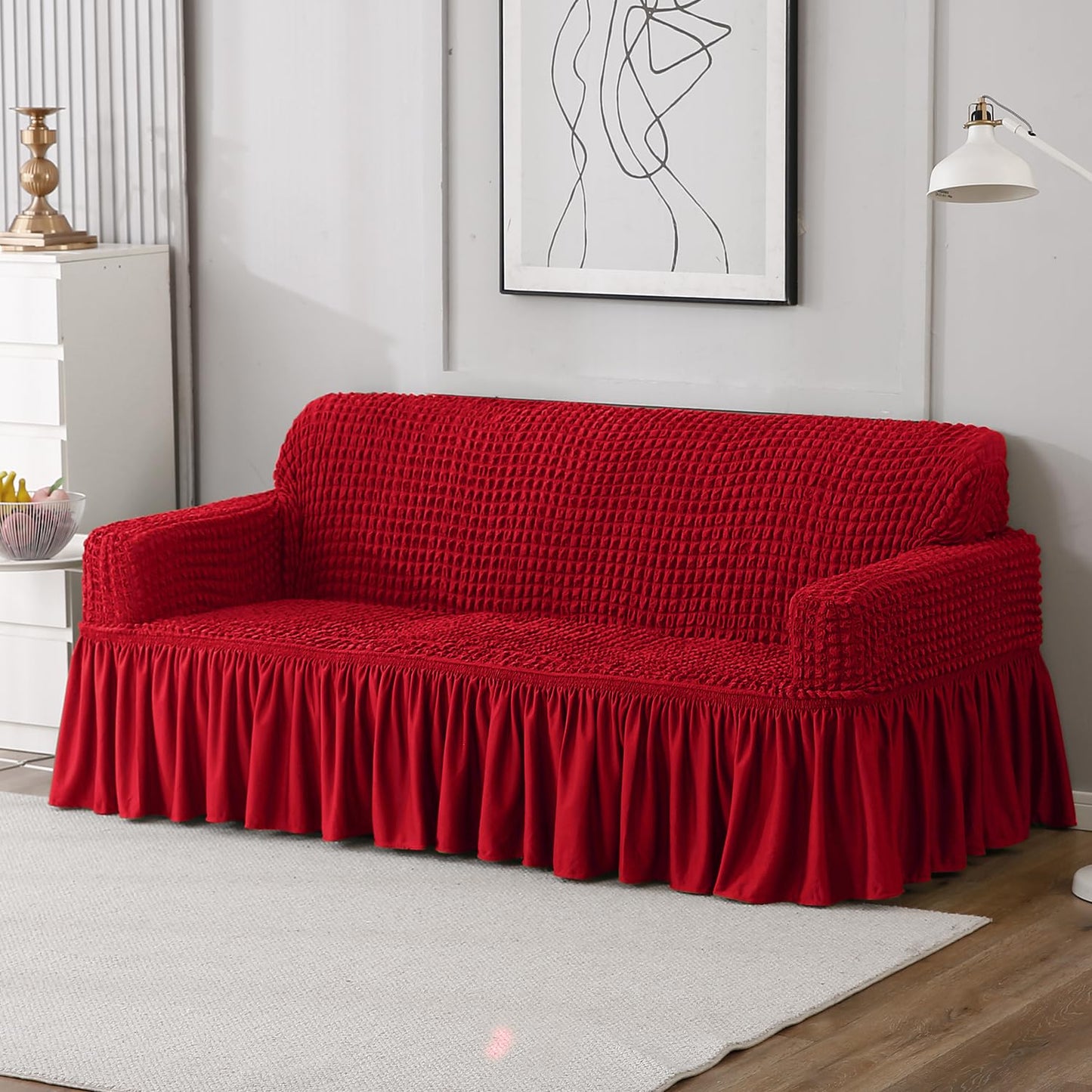 Elastic Stretchable Bubble Sofa Cover with Frill, Scarlet Red