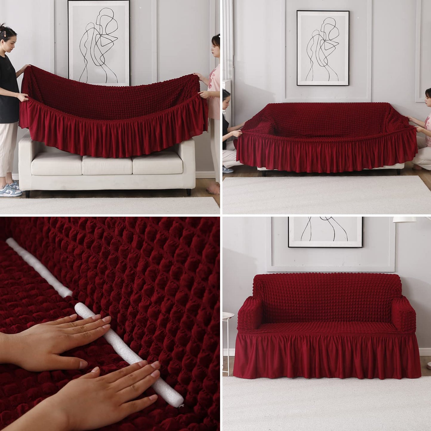 Elastic Stretchable 280 GSM Bubble Sofa Cover with Frill, Cherry Red